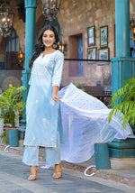 Thumbnail for Juniper Sky Blue Solid Cotton Kurta Pant And Dupatta Set With Thread Embroidery