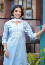 Thumbnail for Juniper Sky Blue Solid Cotton Kurta Pant And Dupatta Set With Thread Embroidery