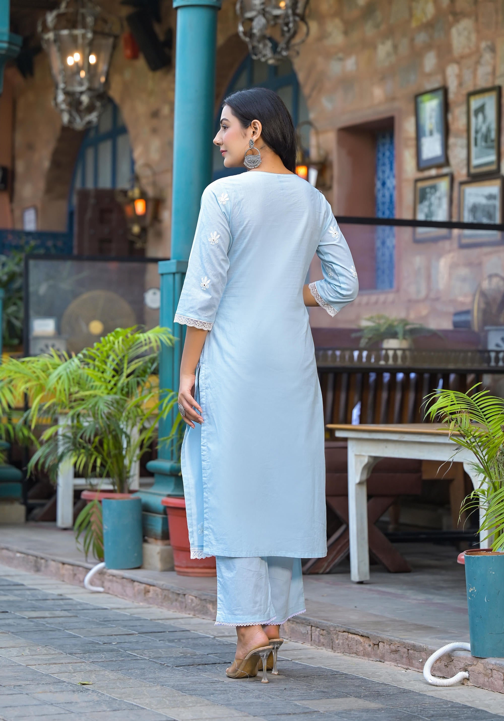 Juniper Sky Blue Solid Cotton Kurta Pant And Dupatta Set With Thread Embroidery