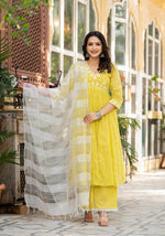 Thumbnail for Juniper Lime Solid Cotton Kurta Pant And Dupatta Set With Thread & Mirror Work - Distacart