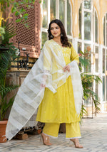 Thumbnail for Juniper Lime Solid Cotton Kurta Pant And Dupatta Set With Thread & Mirror Work - Distacart