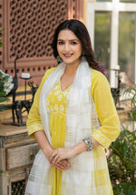 Thumbnail for Juniper Lime Solid Cotton Kurta Pant And Dupatta Set With Thread & Mirror Work - Distacart
