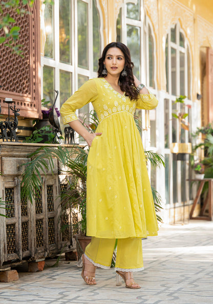 Juniper Lime Solid Cotton Kurta Pant And Dupatta Set With Thread & Mirror Work - Distacart