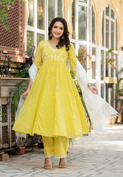 Juniper Lime Solid Cotton Kurta Pant And Dupatta Set With Thread & Mirror Work - Distacart