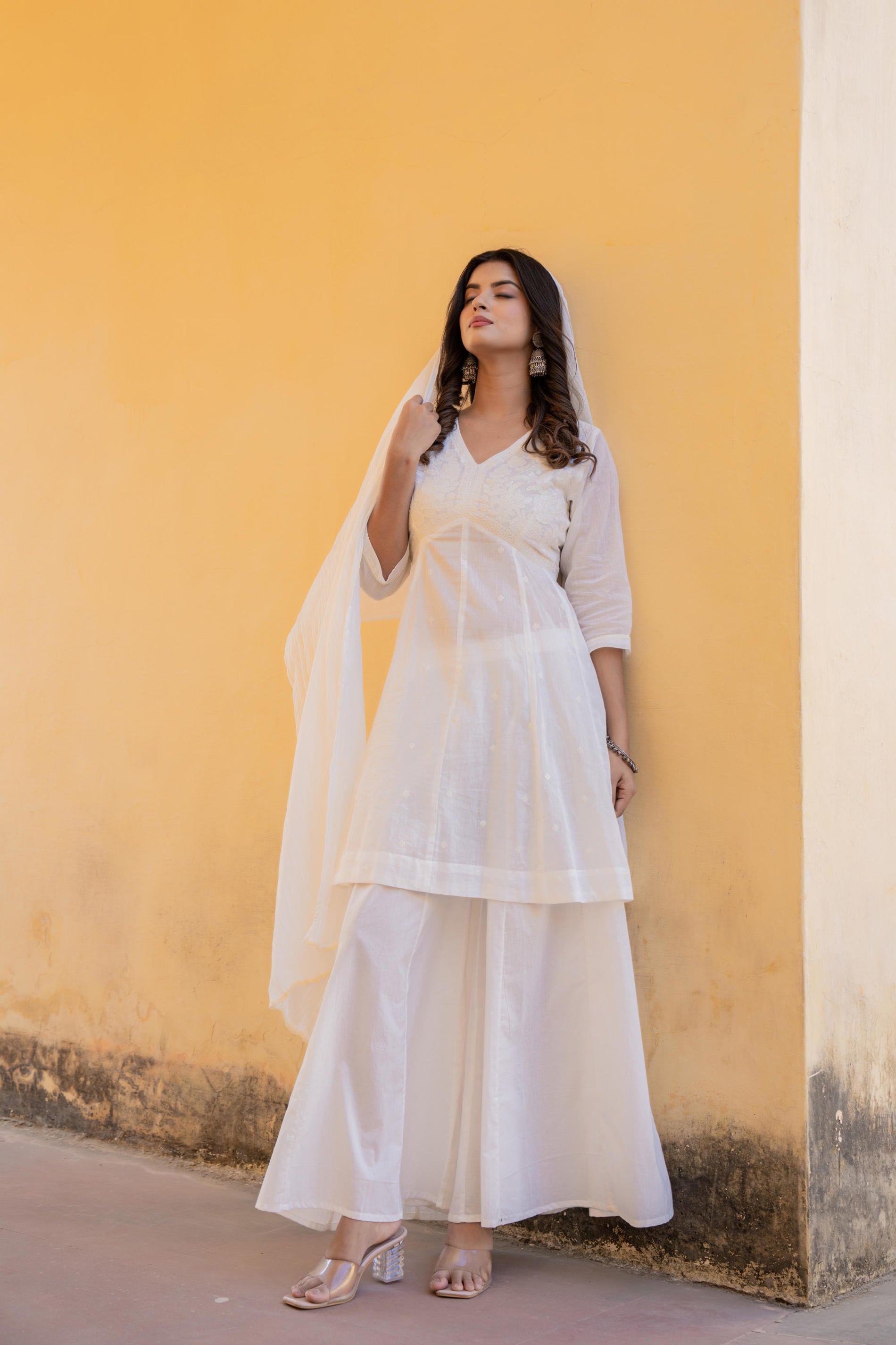 Juniper White Embroidered Anarkali Kurta Set with Palazzo & Dupatta