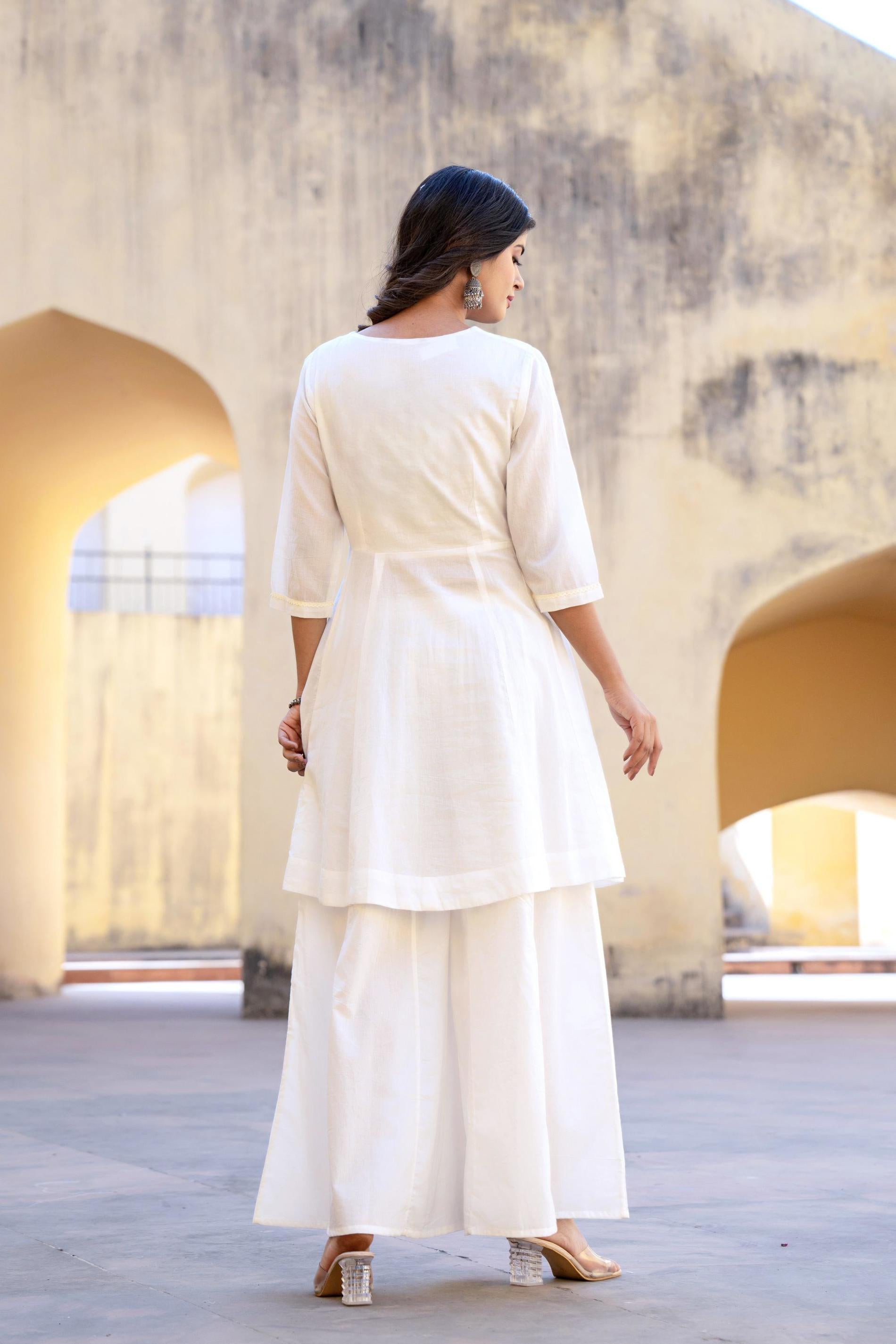 Juniper White Embroidered Anarkali Kurta Set with Palazzo & Dupatta
