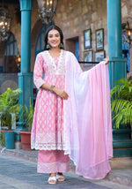 Thumbnail for Juniper Powder Rose Pink Lace-Trim Printed Kurta Set With Dupatta