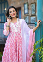 Thumbnail for Juniper Powder Rose Pink Lace-Trim Printed Kurta Set With Dupatta