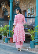 Thumbnail for Juniper Powder Rose Pink Lace-Trim Printed Kurta Set With Dupatta
