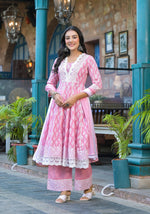 Thumbnail for Juniper Powder Rose Pink Lace-Trim Printed Kurta Set With Dupatta
