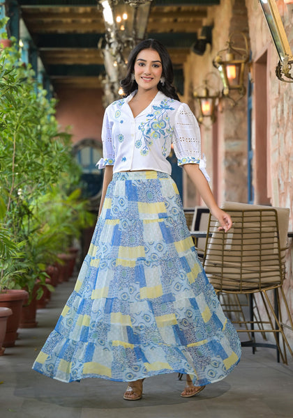 Juniper White & Blue Ethnic Motif Printed Top & Skirt With Thread Work - Distacart