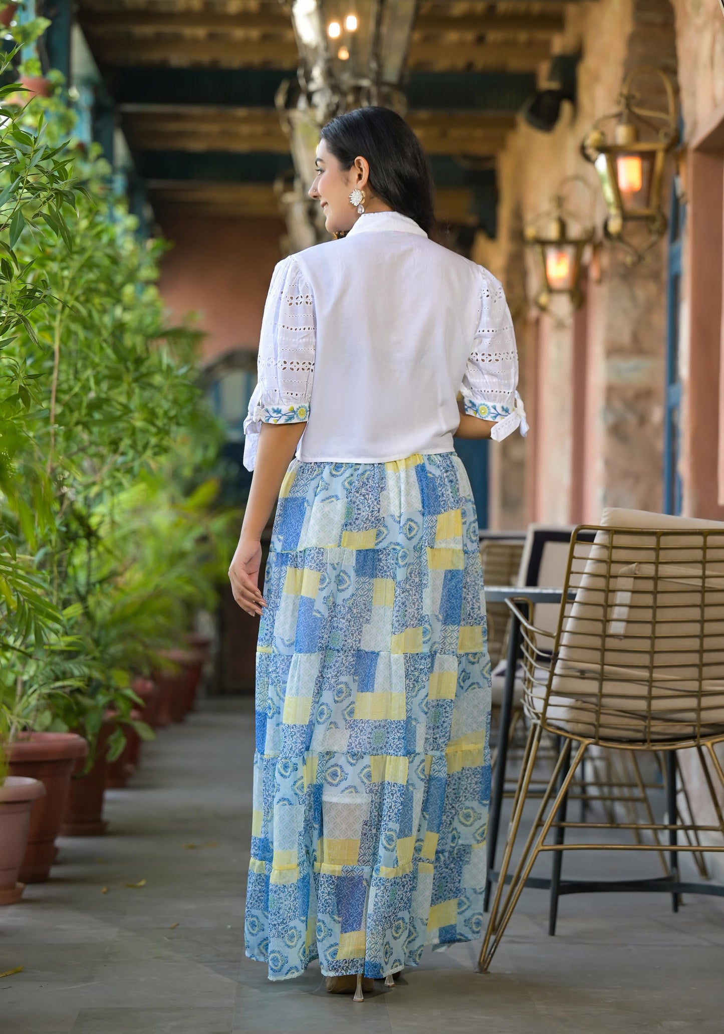 Juniper White & Blue Ethnic Motif Printed Top & Skirt With Thread Work - Distacart