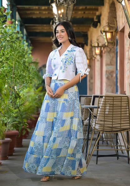 Juniper White & Blue Ethnic Motif Printed Top & Skirt With Thread Work - Distacart