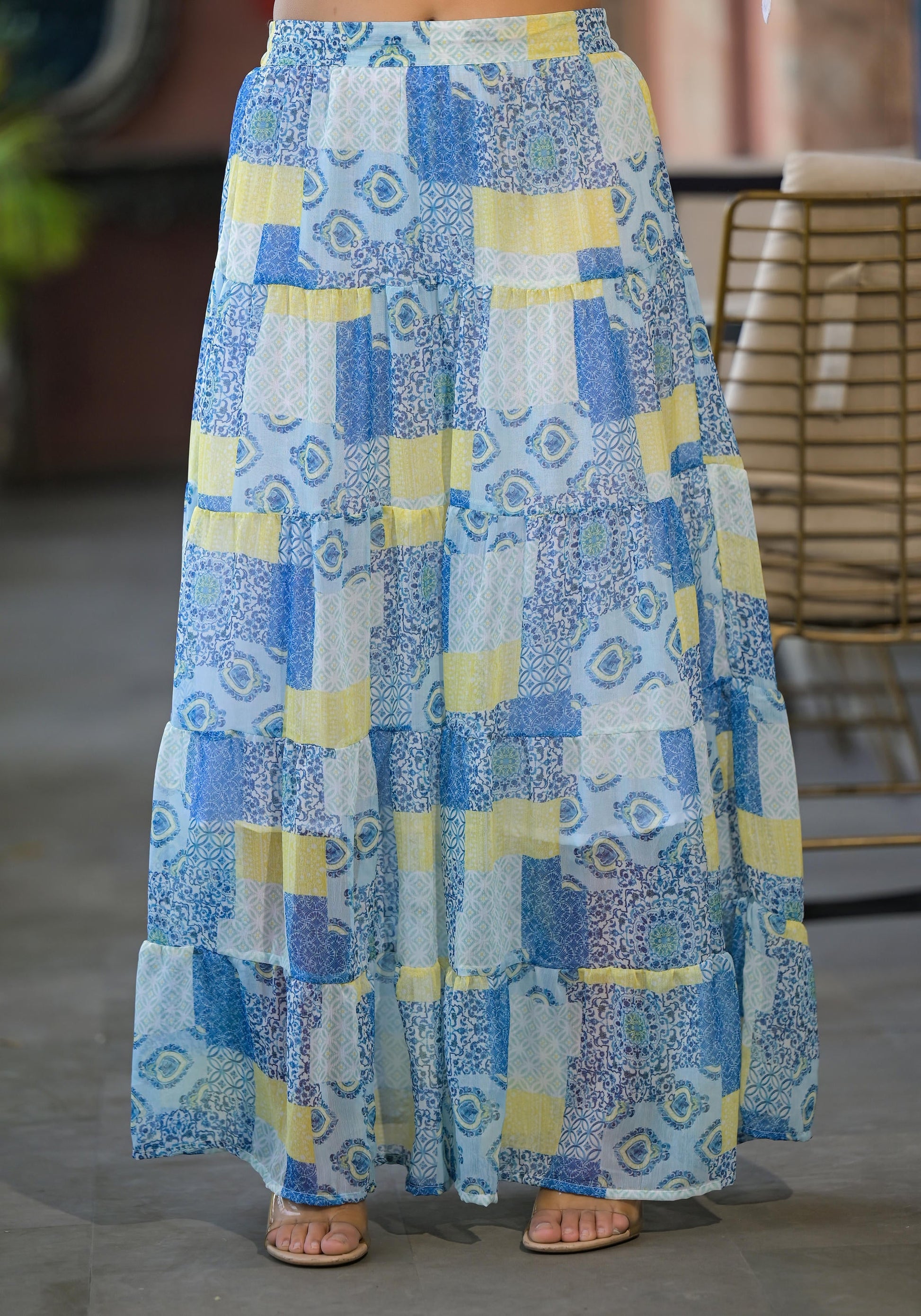 Juniper White & Blue Ethnic Motif Printed Top & Skirt With Thread Work - Distacart