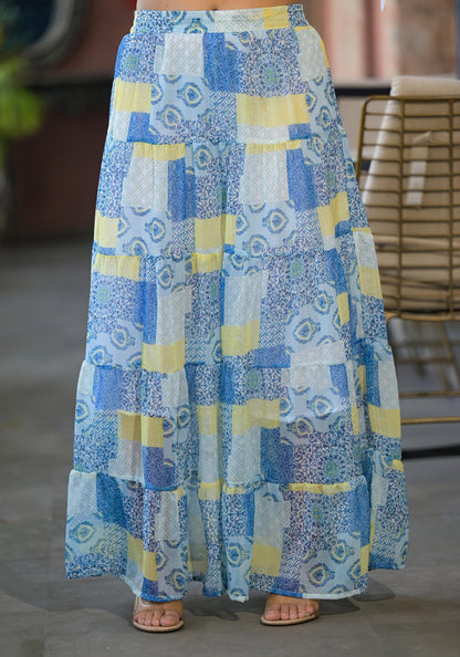 Juniper White & Blue Ethnic Motif Printed Top & Skirt With Thread Work - Distacart