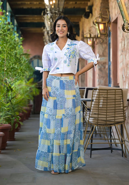 Juniper White & Blue Ethnic Motif Printed Top & Skirt With Thread Work - Distacart