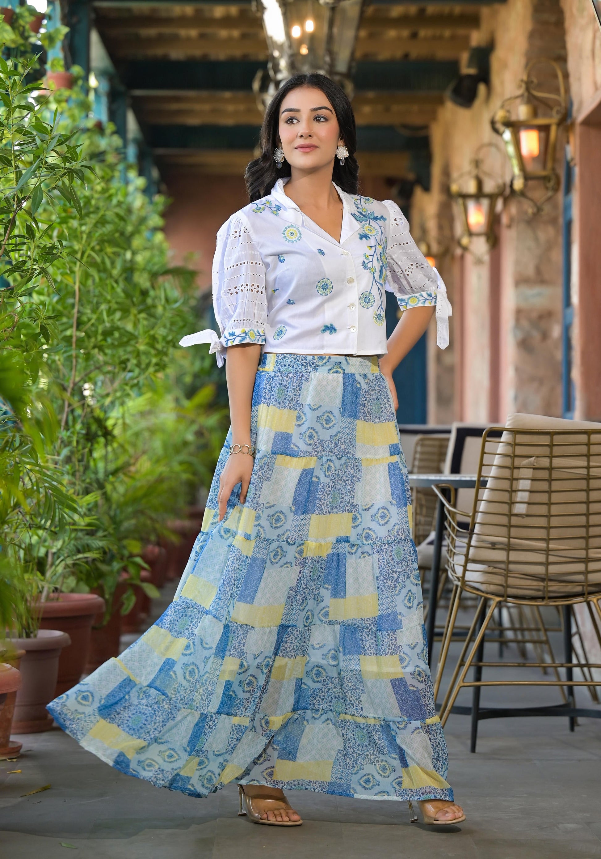 Juniper White & Blue Ethnic Motif Printed Top & Skirt With Thread Work - Distacart