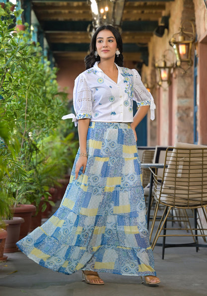 Juniper White & Blue Ethnic Motif Printed Top & Skirt With Thread Work - Distacart