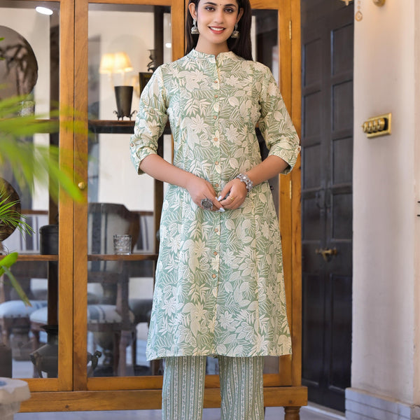 Juniper Sage Green Floral Printed Straight Kurta Set