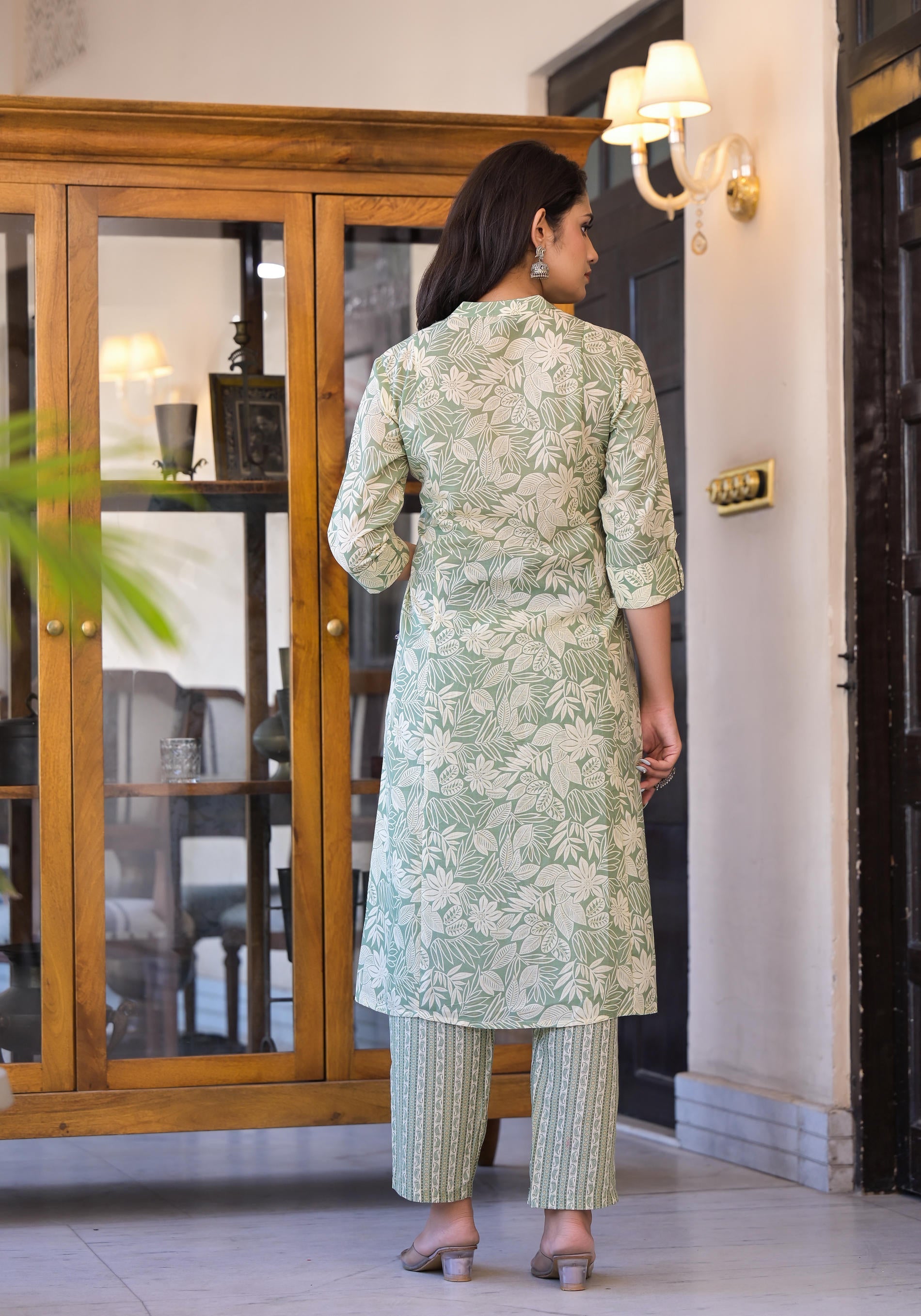 Juniper Sage Green Floral Printed Straight Kurta Set
