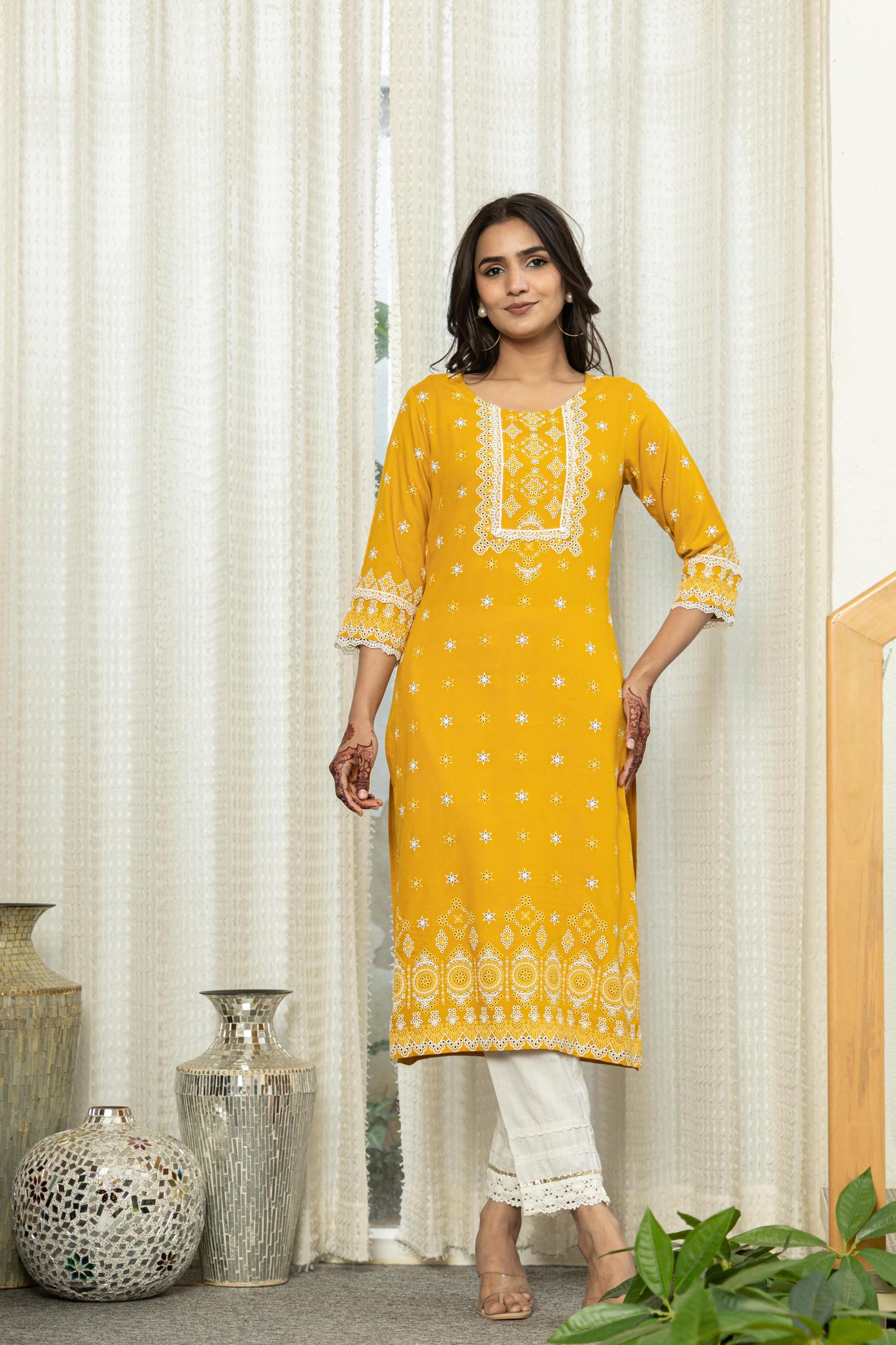 Juniper Mustard Ethnic Motif Printed Viscose Kurta With Lace