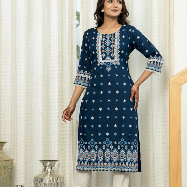 Juniper Navy Ethnic Motif Printed Viscose Kurta With Lace