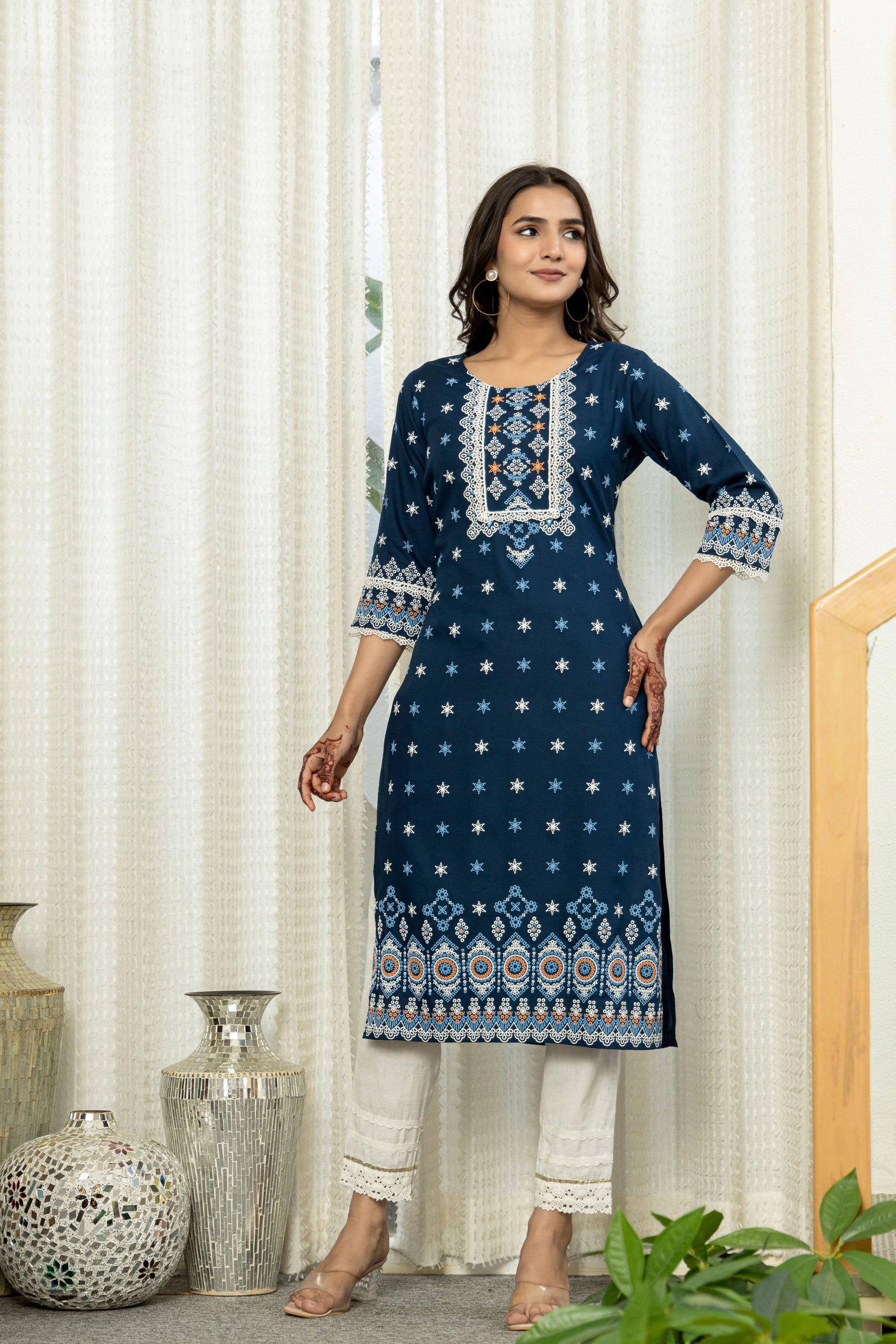 Juniper Navy Ethnic Motif Printed Viscose Kurta With Lace