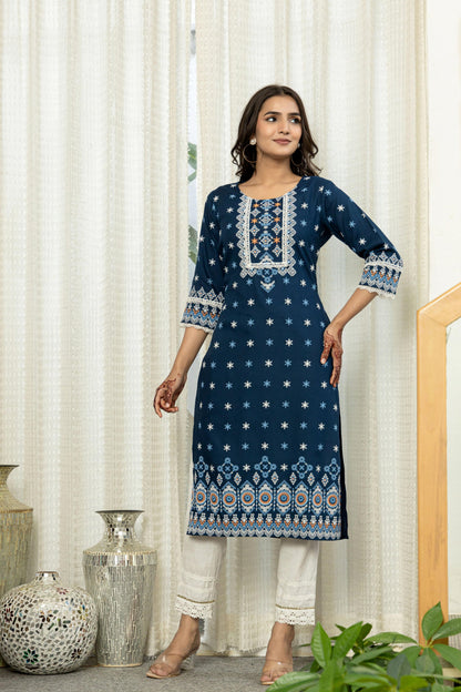 Juniper Navy Ethnic Motif Printed Viscose Kurta With Lace - Distacart