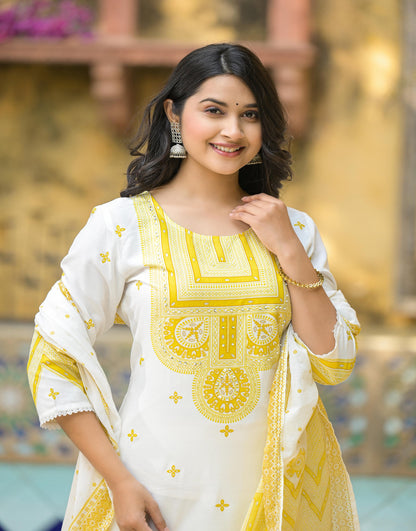 Juniper Mustard Ethnic Motif Printed Viscose Kurta Pant And Dupatta Set With Sequins & Beads - Distacart
