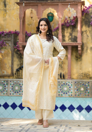 Juniper White Ethnic Motif Printed Viscose Kurta Pant And Dupatta Set With Sequins & Beads - Distacart