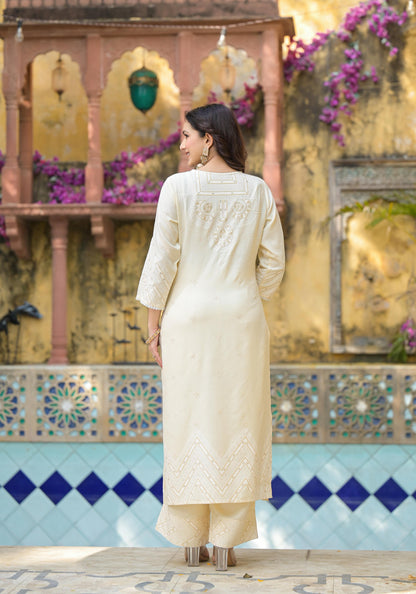 Juniper White Ethnic Motif Printed Viscose Kurta Pant And Dupatta Set With Sequins & Beads - Distacart
