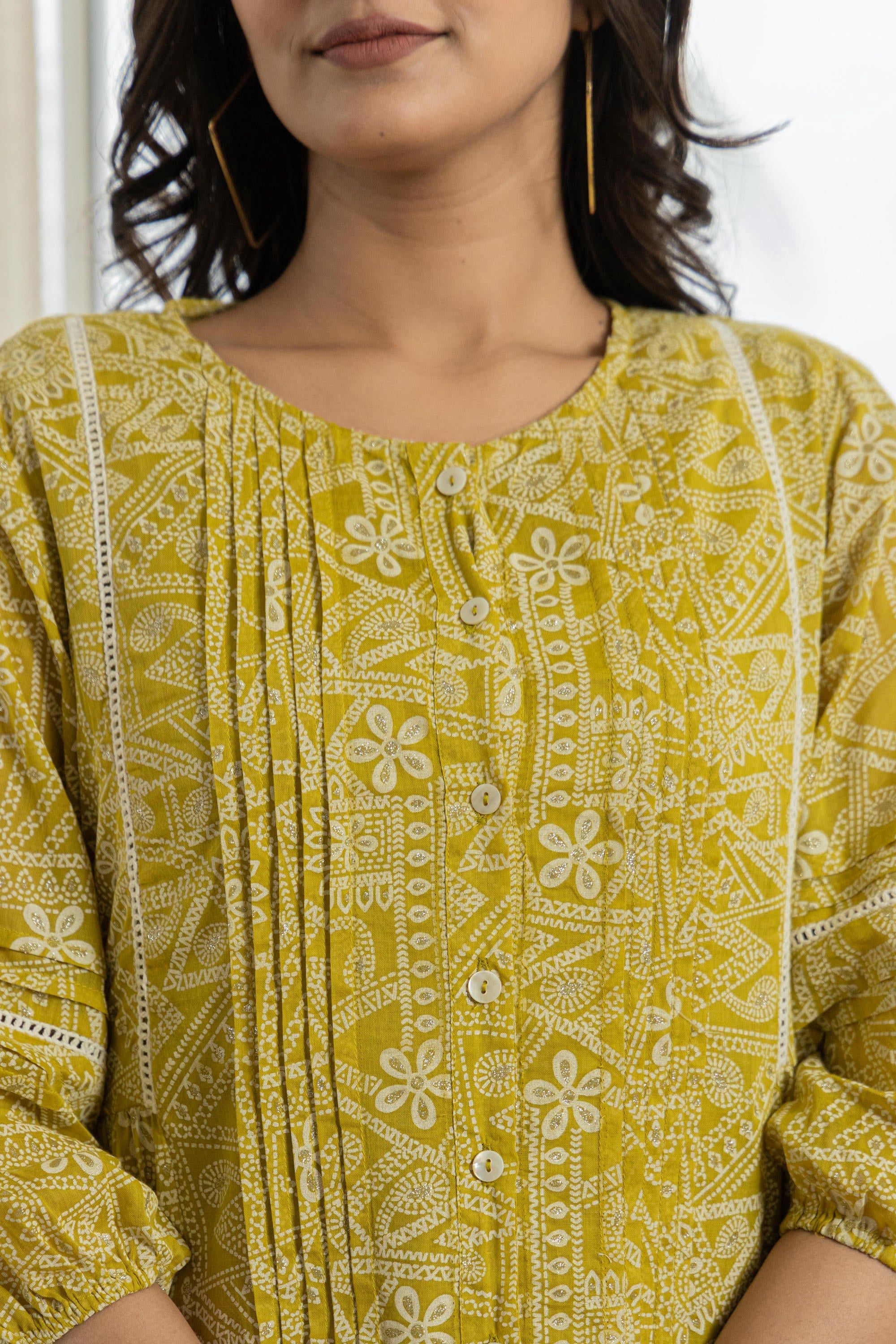 Juniper Lemon Ethnic Motif Printed Cotton Kurta With Button Closure