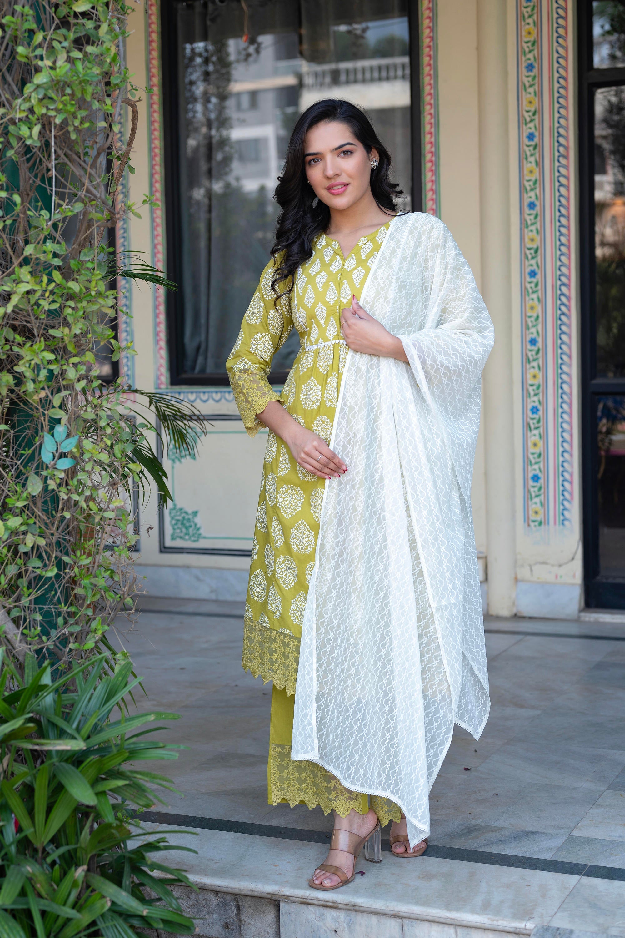 Juniper Lime Green Printed Cotton Kurta with Palazzo & Chiffon Dupatta - Distacart