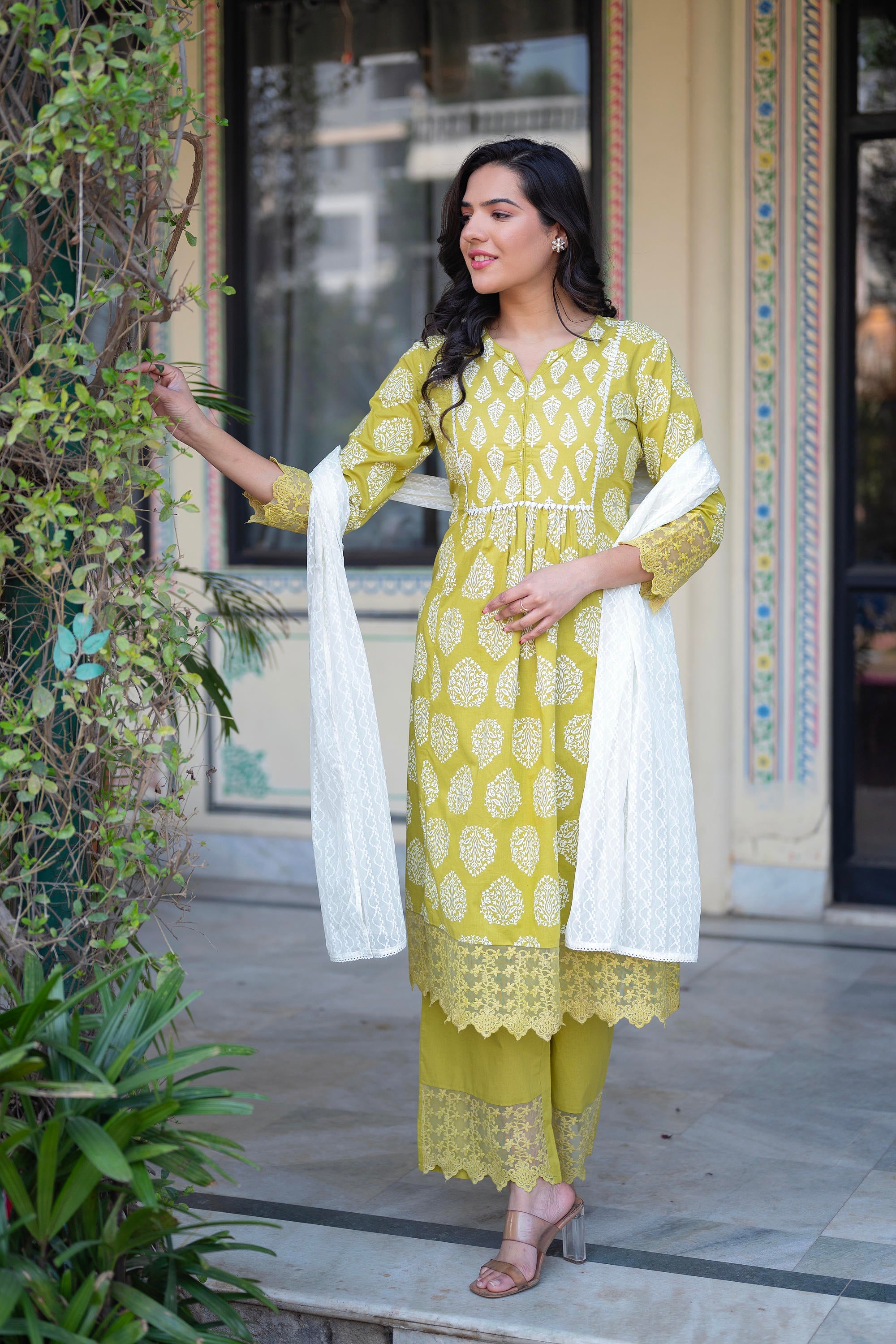 Juniper Lime Green Printed Cotton Kurta with Palazzo & Chiffon Dupatta - Distacart