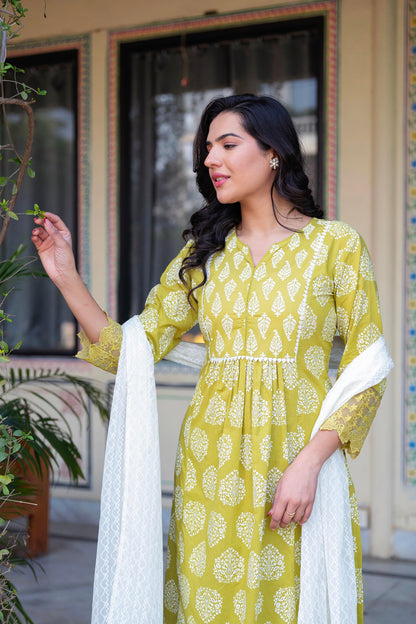 Juniper Lime Green Printed Cotton Kurta with Palazzo & Chiffon Dupatta - Distacart
