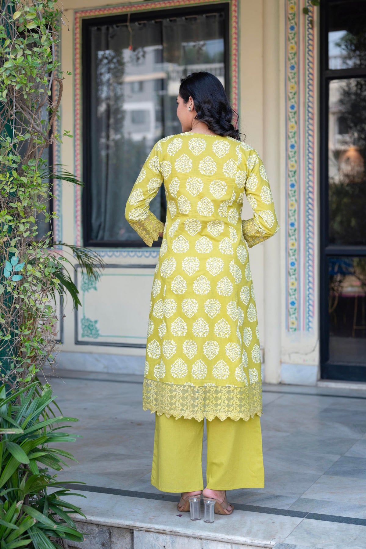 Juniper Lime Green Printed Cotton Kurta with Palazzo & Chiffon Dupatta - Distacart