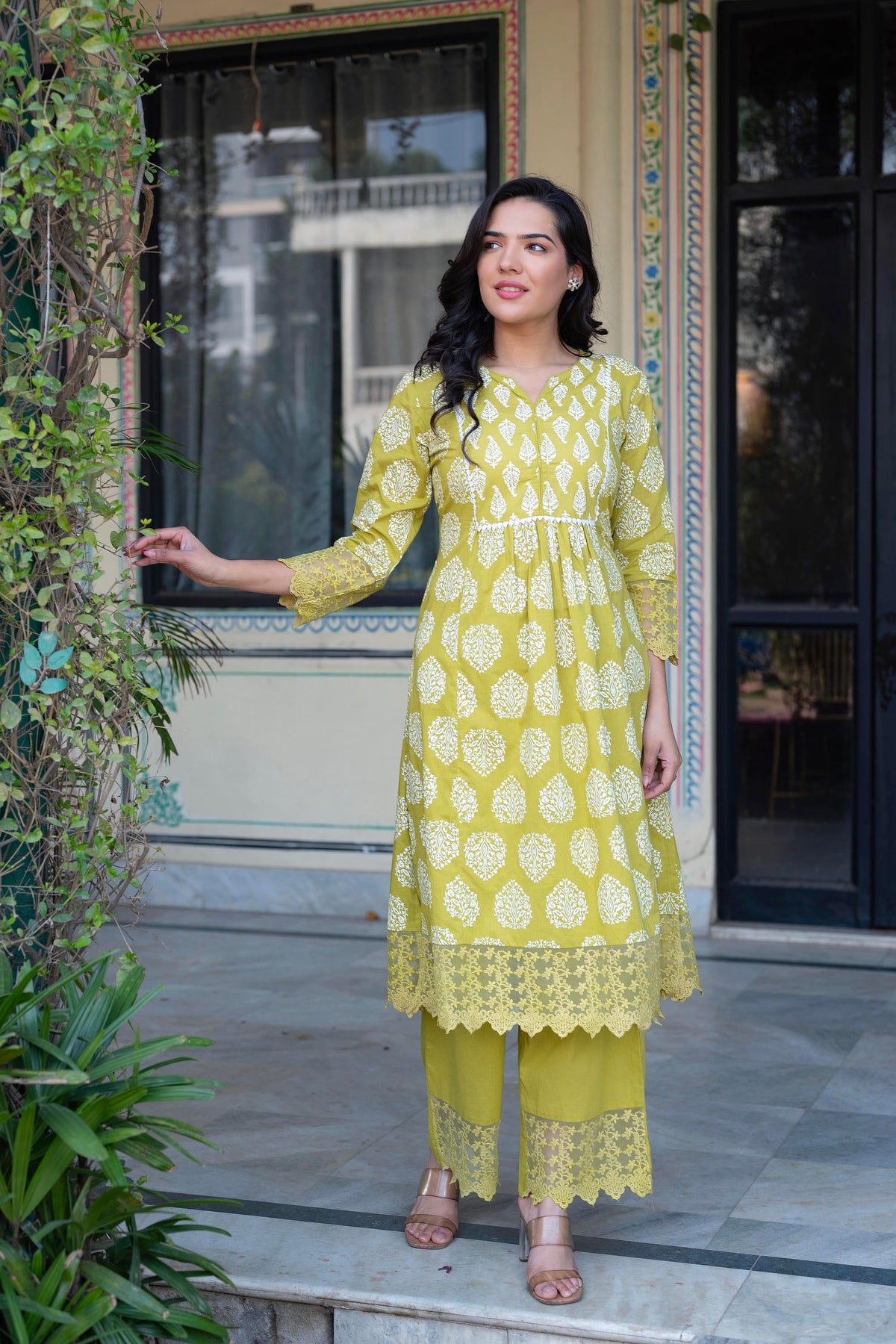 Juniper Lime Green Printed Cotton Kurta with Palazzo & Chiffon Dupatta - Distacart