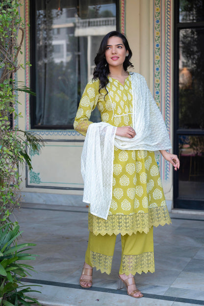 Juniper Lime Green Printed Cotton Kurta with Palazzo & Chiffon Dupatta - Distacart
