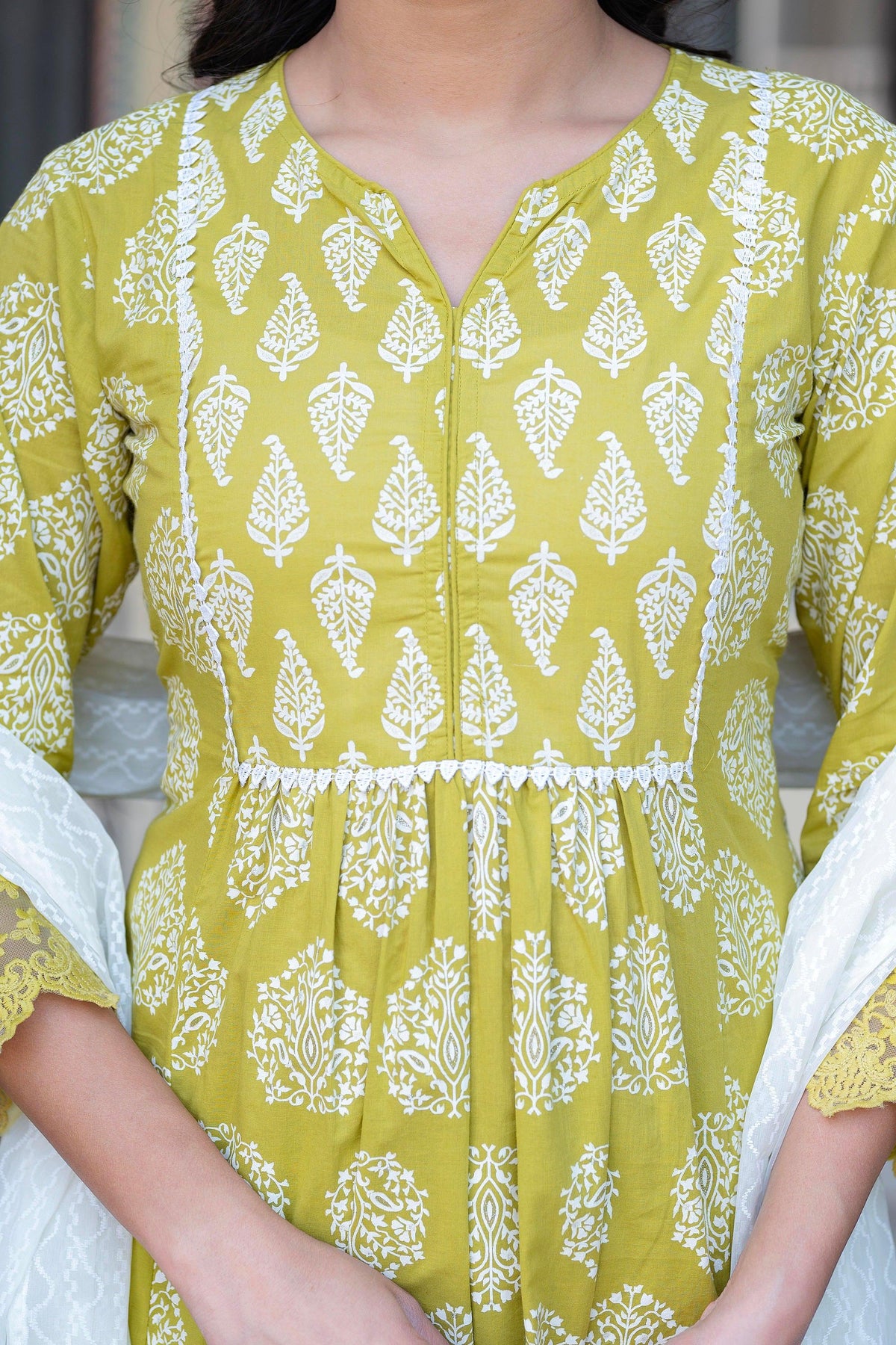 Juniper Lime Green Printed Cotton Kurta with Palazzo & Chiffon Dupatta - Distacart