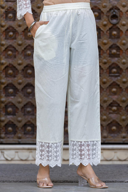 Juniper White Ethnic Motif Printed Cotton Kurta Set With Lace & Thread Work - Distacart