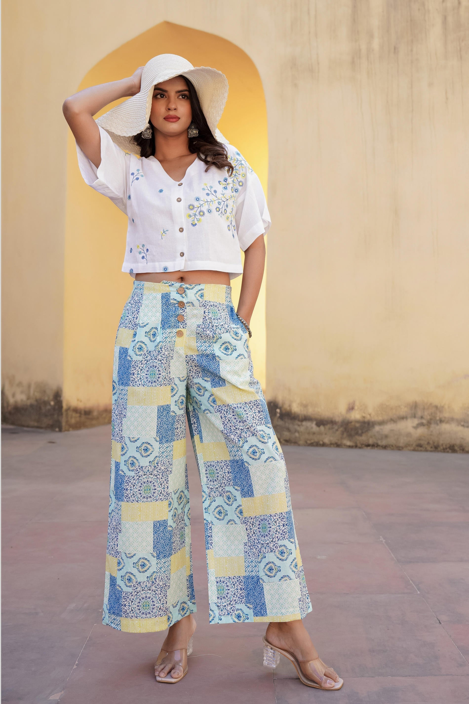 Juniper Blue Ethnic Motif Printed Viscose Top & Palazzo With Thread & Mirror Work