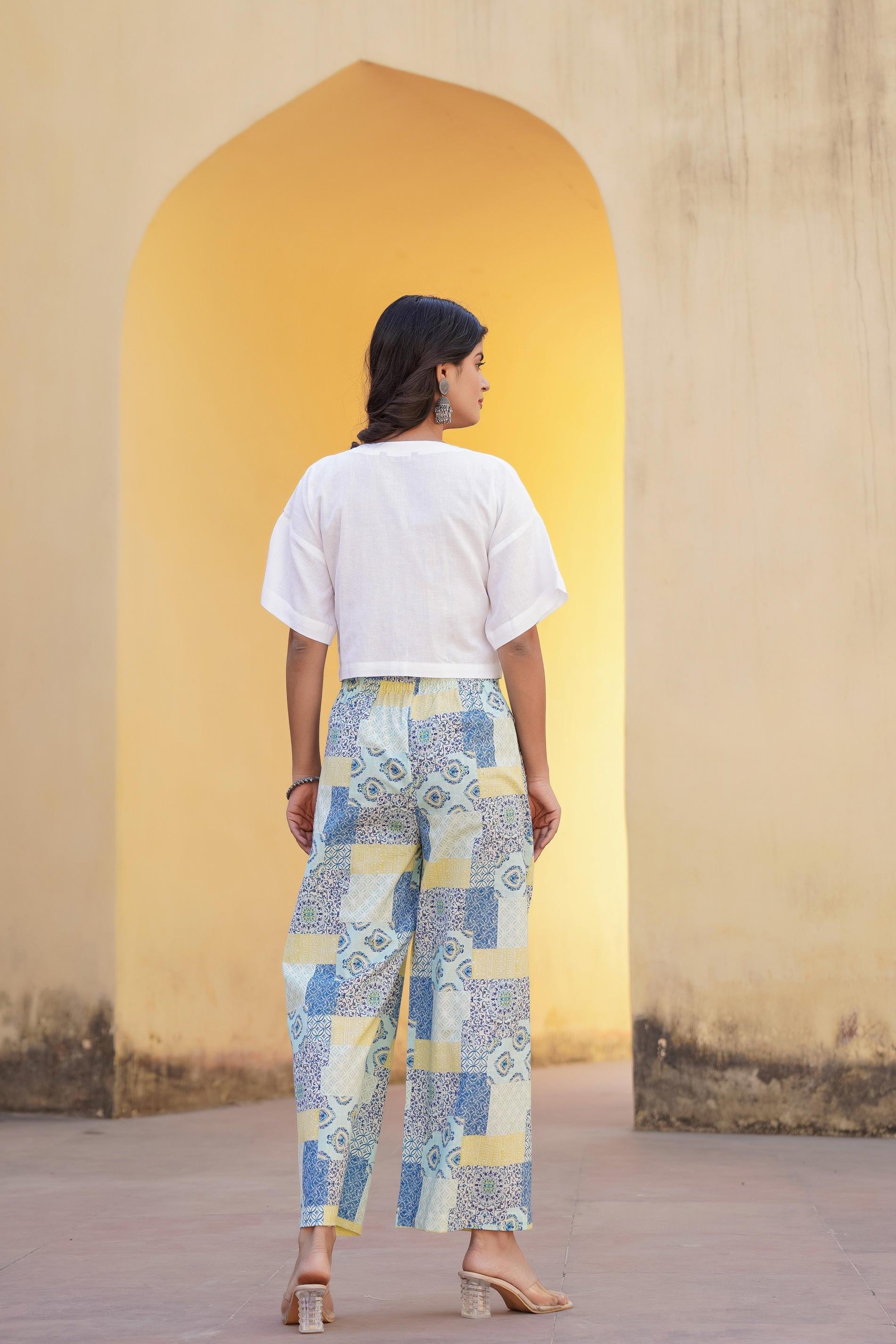 Juniper Blue Ethnic Motif Printed Viscose Top & Palazzo With Thread & Mirror Work