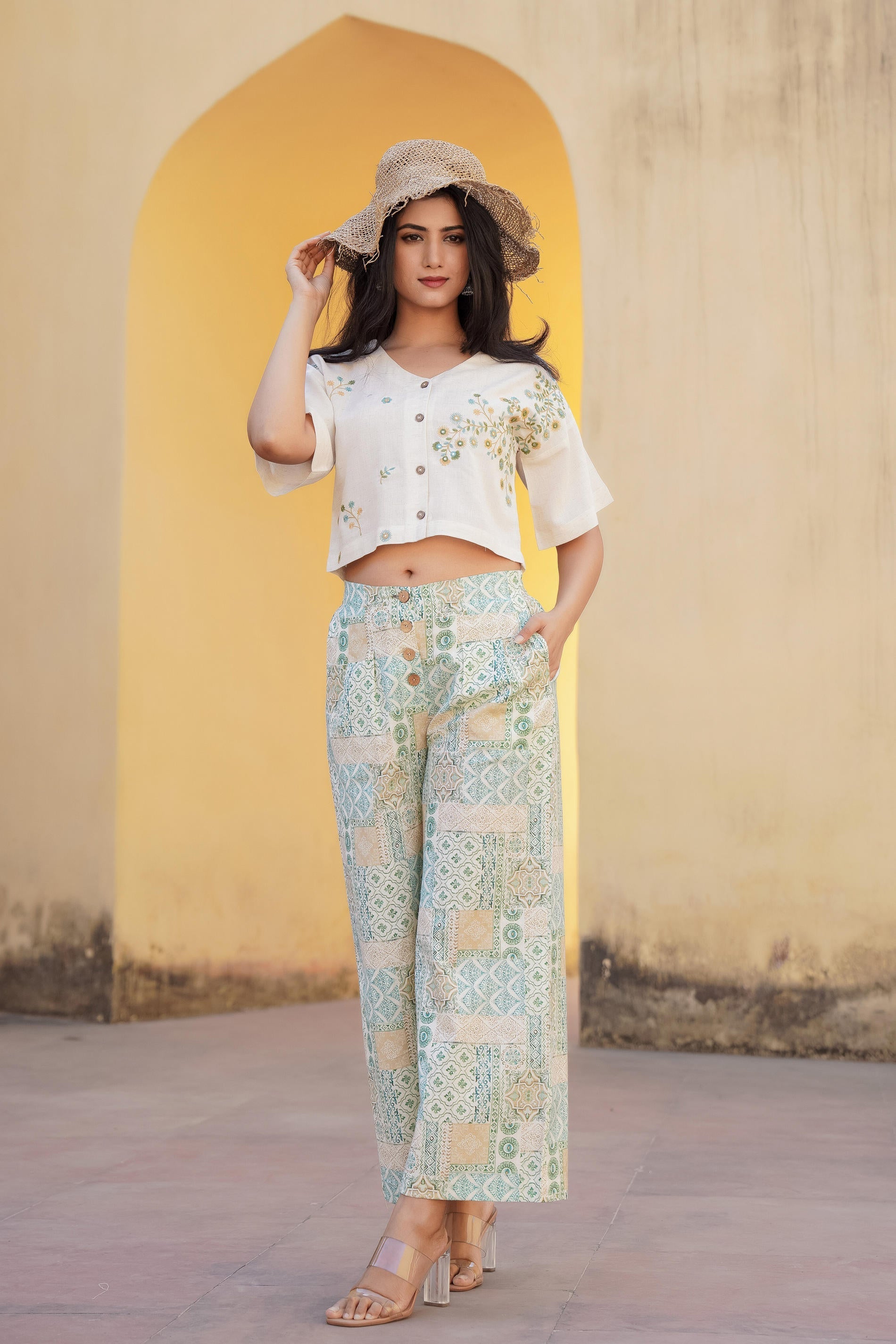 Juniper White & Mint Green Ethnic Motif Printed Viscose Top & Palazzo With Thread & Mirror Work