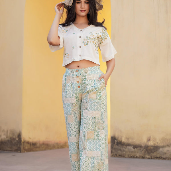 Juniper White & Mint Green Ethnic Motif Printed Viscose Top & Palazzo With Thread & Mirror Work