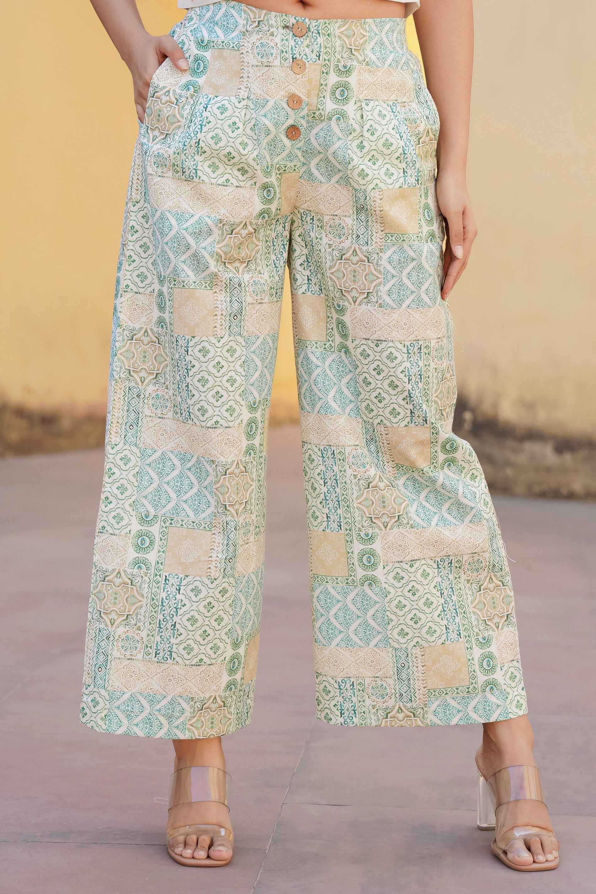 Juniper White & Mint Green Ethnic Motif Printed Viscose Top & Palazzo With Thread & Mirror Work