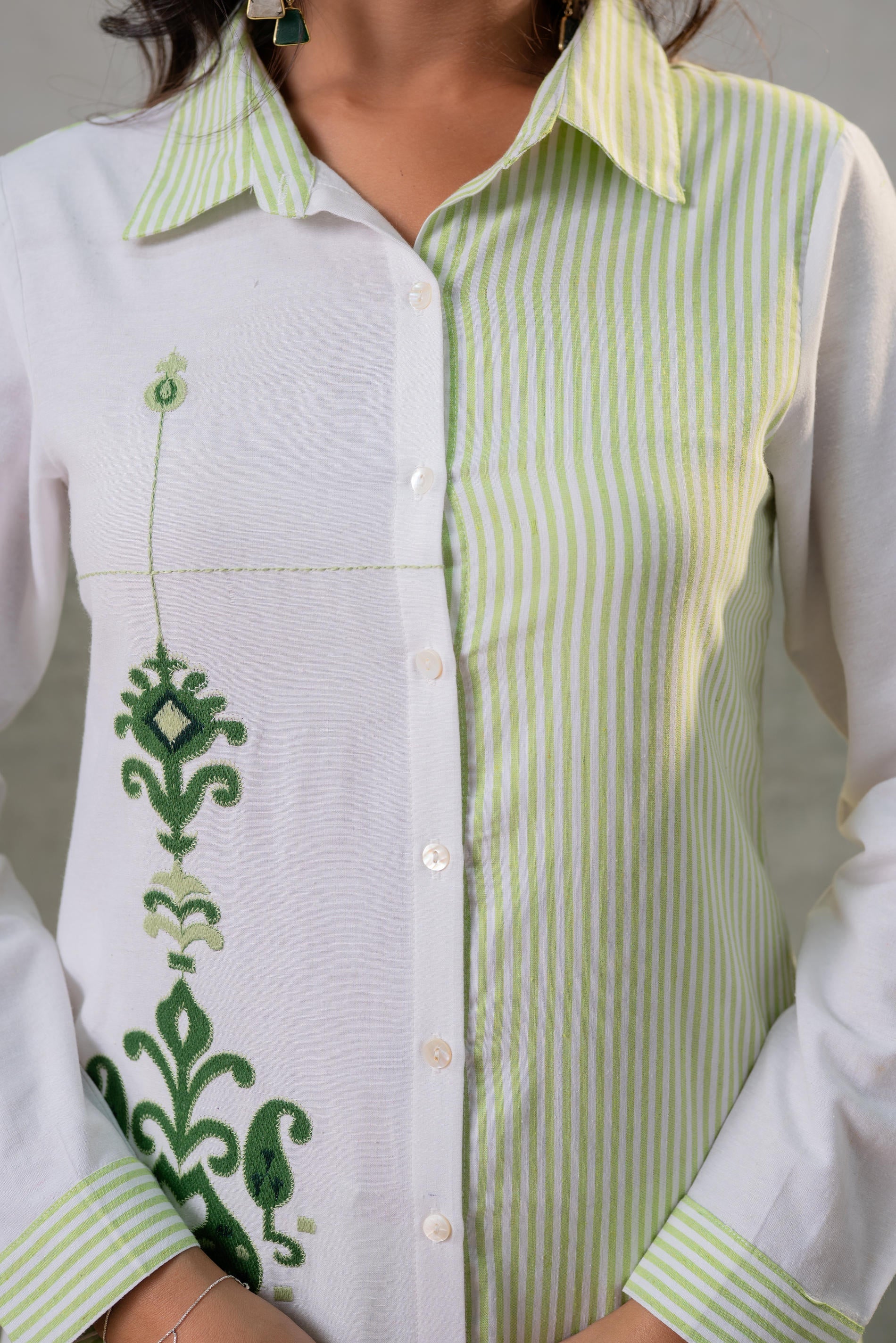 Juniper LightGreen & White Divide Embroidered Panel Kurta Set - Distacart