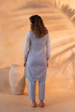 Thumbnail for Juniper NavyBlue & White Divide Embroidered Panel Kurta Set - Distacart