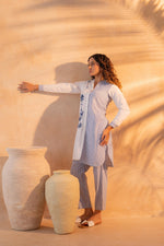 Thumbnail for Juniper NavyBlue & White Divide Embroidered Panel Kurta Set - Distacart