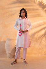 Thumbnail for Juniper Pink & White Divide Embroidered Panel Kurta Set - Distacart