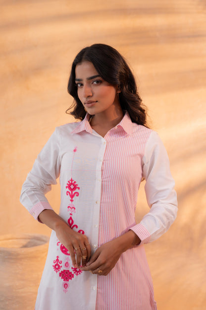 Juniper Pink & White Divide Embroidered Panel Kurta Set - Distacart